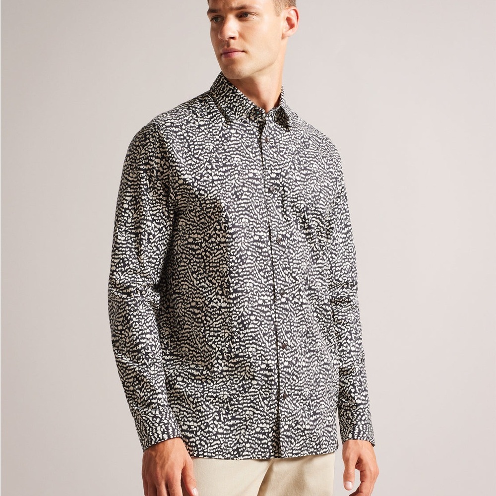 Ted Baker Mens Medium Size 3 Bramley Button Down Shirt Black Abstract Cotton